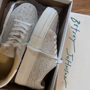 Betsey Johnson White Sneakers with Iridescent Rhinestone Pearls